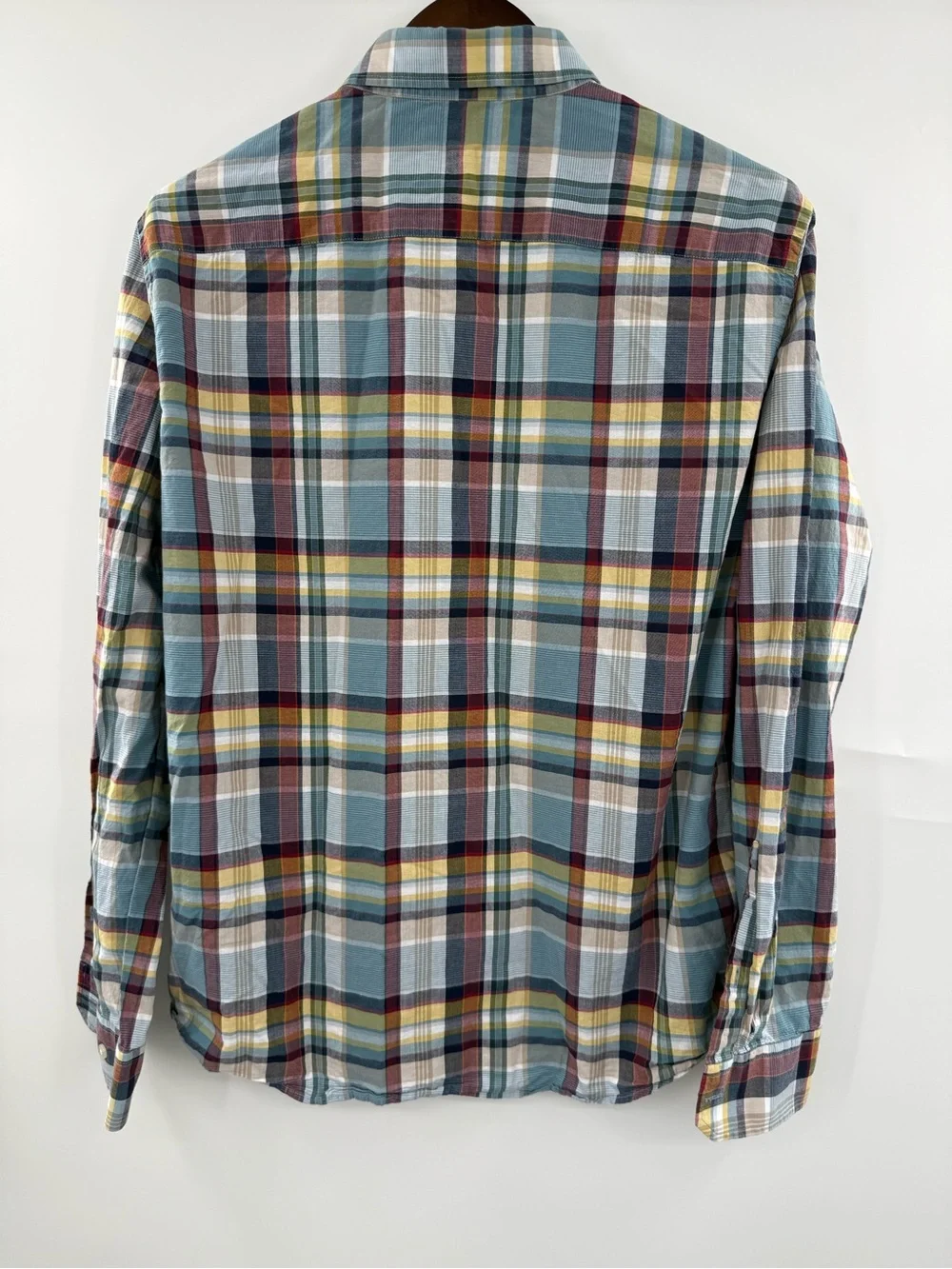 Banana Republic Slim Fit Plaid Button Front Shirt Large Blue Yellow Long Sleeve